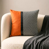Orange & Black Jacquard & Faux Leather Decorative Throw Pillow Cover - Dark Houndstooth