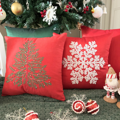 Red & Green Cotton Linen Decorative Throw Pillow Cover - Xmas Evergreen