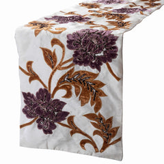 Brown Floral - Silk Dupioni Ivory, Gold, Purple Decorative Table Runners