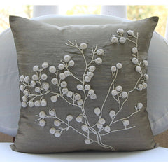 Snow Flowers - Gray Art Silk Throw Pillow Cover