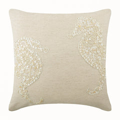 Sea Horse Pearls - Natural Beige Cotton Linen Throw Pillow Cover