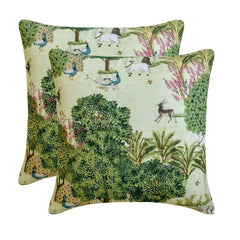 Mor Nritya - Green Cotton Throw Pillow Cover