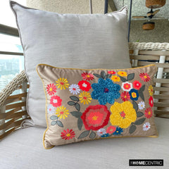 Floral Fiesta - Beige Velvet Lumbar Pillow Cover