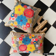 Floral Fiesta - Beige Velvet Lumbar Pillow Cover