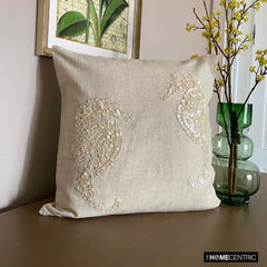 Sea Horse Pearls - Natural Beige Cotton Linen Throw Pillow Cover