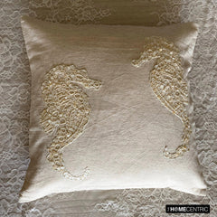 Sea Horse Pearls - Natural Beige Cotton Linen Throw Pillow Cover