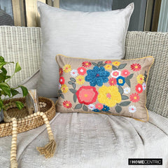 Floral Fiesta - Beige Velvet Lumbar Pillow Cover