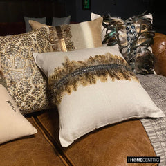 Exotic Feathers - Beige Linen Throw Pillow Cover