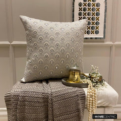 Jeweled Lucia - Silver & Grey Jacquard Throw Pillow Cover