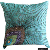 Peacock Grace - Aqua Blue Art Silk Throw Pillow Cover