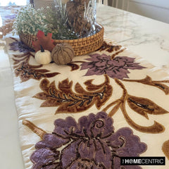 Silk Dupioni Ivory, Gold, Purple Decorative Table Runners - Brown Floral