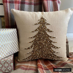 Gold Linen Decorative Throw Pillow Cover - Glittering Pine