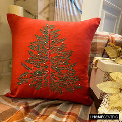 Red & Green Cotton Linen Decorative Throw Pillow Cover - Xmas Evergreen