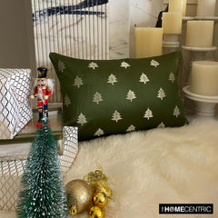 Green Satin Decorative Lumbar Pillow Cover - Festive Tree