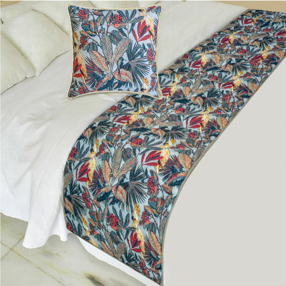 Cockatoo Ruffle Decorative Bed Runner and Pillow Cover