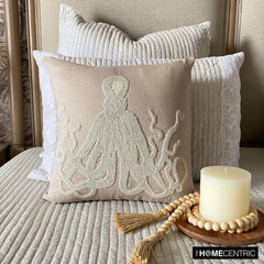 Sea Squid - Mocha Cotton Linen Throw Pillow Cover