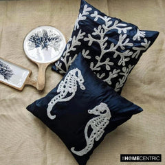 Navy Corals - Navy Blue Art Silk Throw Pillow Cover