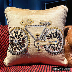 Vintage Cycle - Beige Velvet Throw Pillow Cover