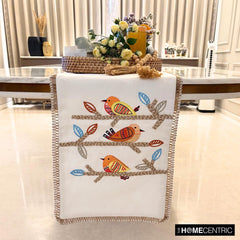 Chirping Charm - White Cotton Decorative Table Runner