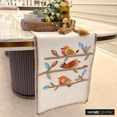 Chirping Charm - White Cotton Decorative Table Runner