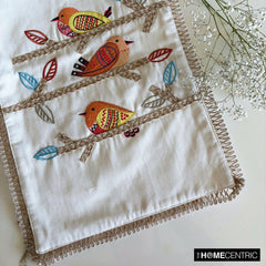 Chirping Charm - White Cotton Decorative Table Runner
