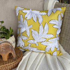 White Leaves - Yellow Art Silk Throw Pillow Cover