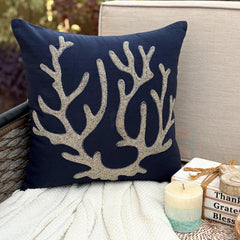 Sea Weed At The Shore - Navy Blue Cotton Linen Throw Pillow Cover