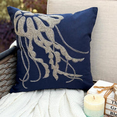 Jelly Fish At The Shore - Navy Blue Cotton Linen Throw Pillow Cover