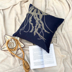 Jelly Fish At The Shore - Navy Blue Cotton Linen Throw Pillow Cover