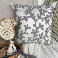 Silver & White Art Silk Throw Pillow Cover - Silver Coral
