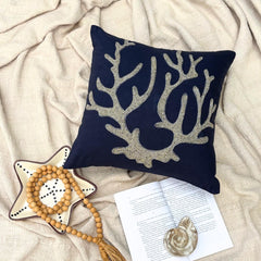 Sea Weed At The Shore - Navy Blue Cotton Linen Throw Pillow Cover