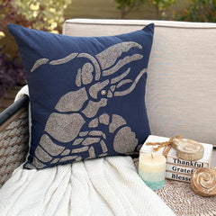 Lobster At The Shore - Navy Blue Cotton Linen Throw Pillow Cover