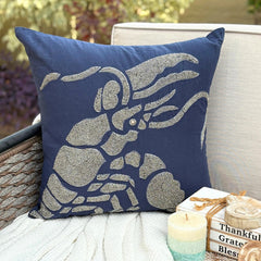 Lobster At The Shore - Navy Blue Cotton Linen Throw Pillow Cover