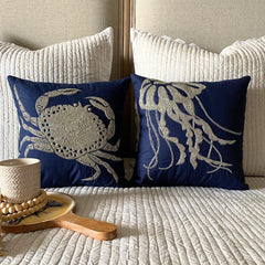 Jelly Fish At The Shore - Navy Blue Cotton Linen Throw Pillow Cover