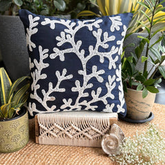 Navy Corals - Navy Blue Art Silk Throw Pillow Cover