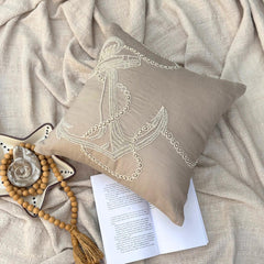 Pearl Anchor - Mocha Cotton Linen Throw Pillow Cover