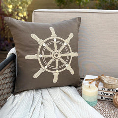 Sailboat Wheel - Brown Linen Throw Pillow Cover