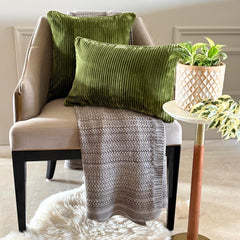 Olive Green Velvet Lumbar Pillow Cover - Green Ribbed