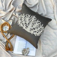 Coral Harvest - Brown Cotton Linen Throw Pillow Cover