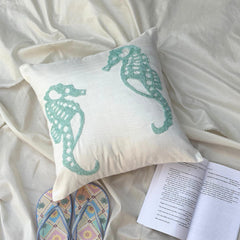 Sea Horse Aqua - White Art Silk Decorative Euro Sham