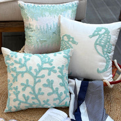 Sea Horse Aqua - White Art Silk Decorative Euro Sham