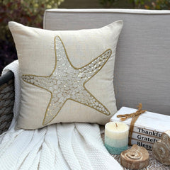 Gold Scaly Starfish - Natural Beige Cotton Linen Throw Pillow Cover