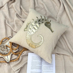 Gold Sea Horse - Natural Beige Cotton Linen Throw Pillow Cover