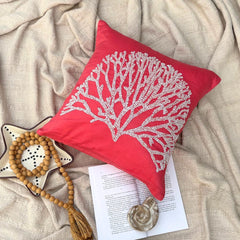 White Forest - Coral Pink Cotton Linen Throw Pillow Cover