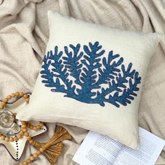 Blue Coral Treasure - White Linen Throw Pillow Cover