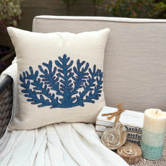 Blue Coral Treasure - White Linen Throw Pillow Cover