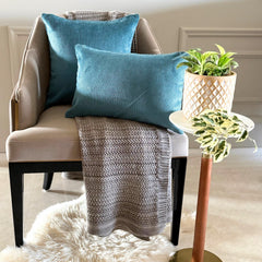 Teal Blue Velvet Lumbar Pillow Cover - Teal Blue Grooved