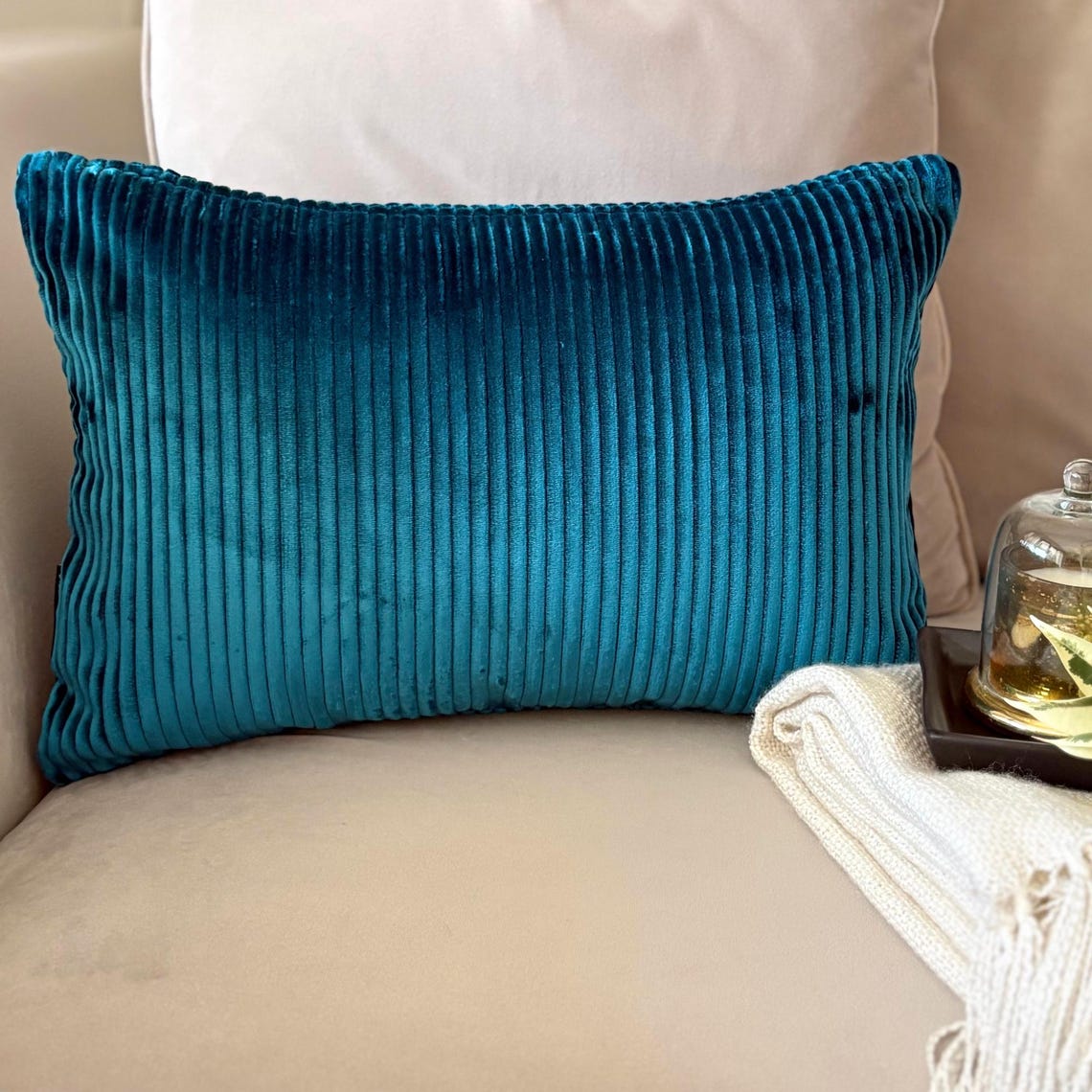 Petrol Blue Ribbed Lumbar Pillow Cover
