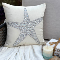 Starfish Crystals - Ivory Cotton Linen Throw Pillow Cover