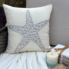 Starfish Crystals - Ivory Cotton Linen Throw Pillow Cover